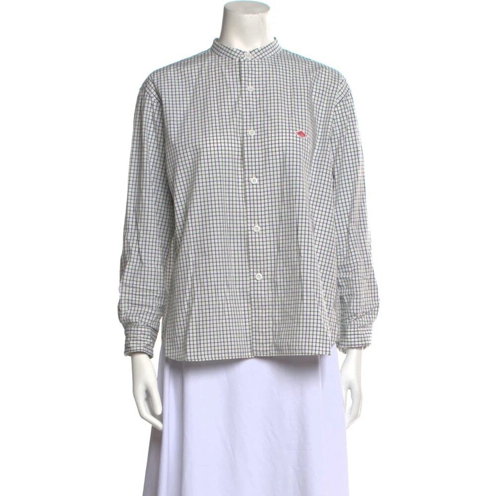 SOLD Danton Check Print Mock Neck Button-Up Top - S